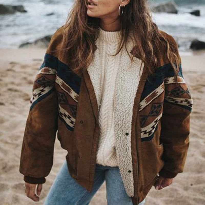 Woman wearing brown retro plush winter coat on a beach