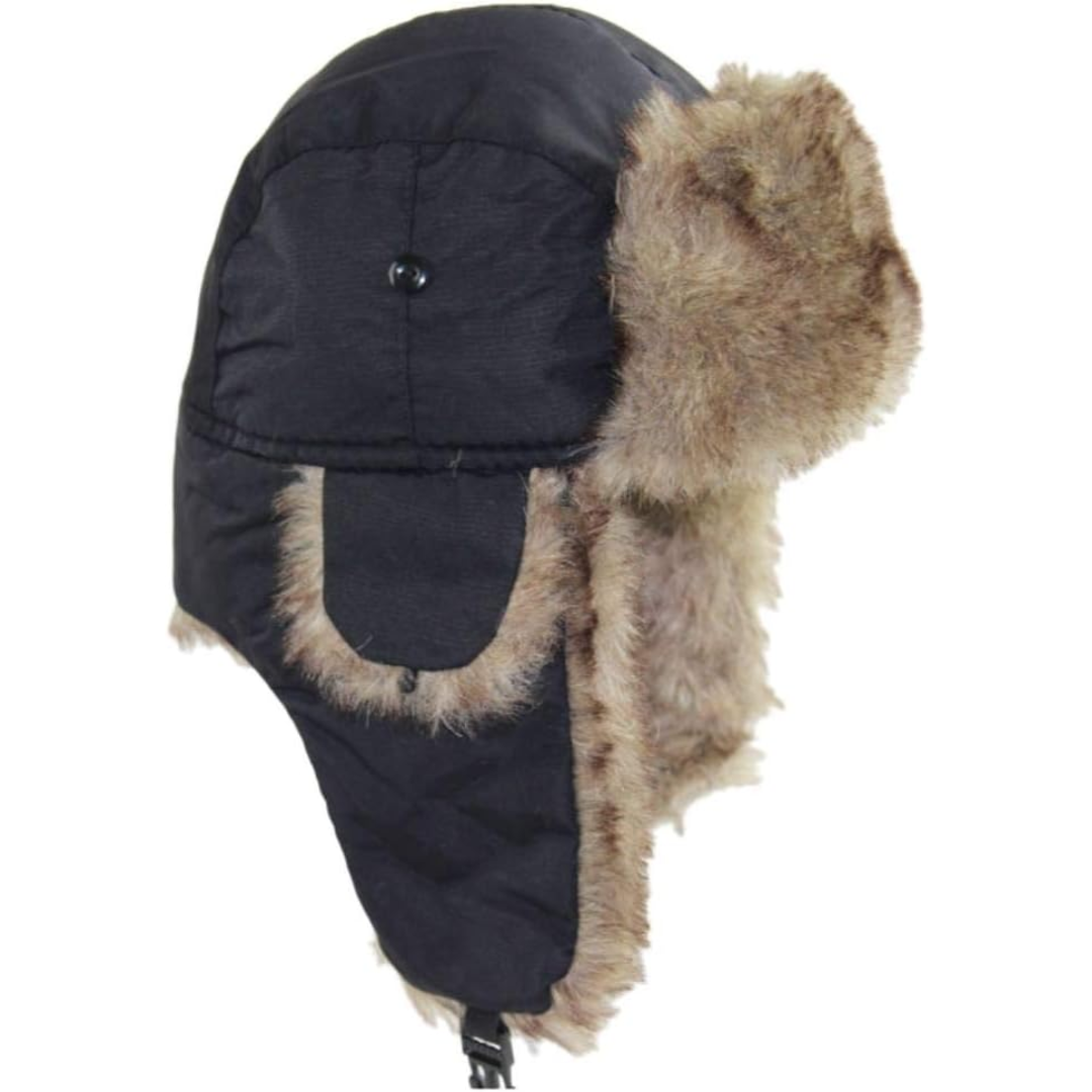 Black winter trapper hat with fluffy lining and ear flaps