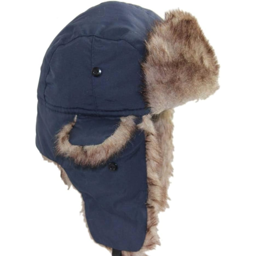 Unisex winter trapper hat showing cozy ear flaps and warm plush lining for cold weather.