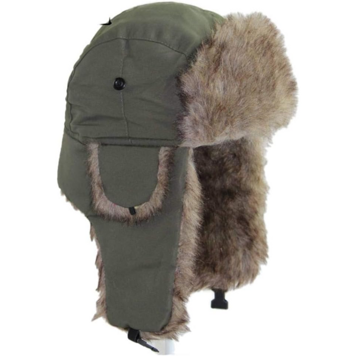 Snow hat with chin strap secured, displaying thermal protection for outdoor winter activities.