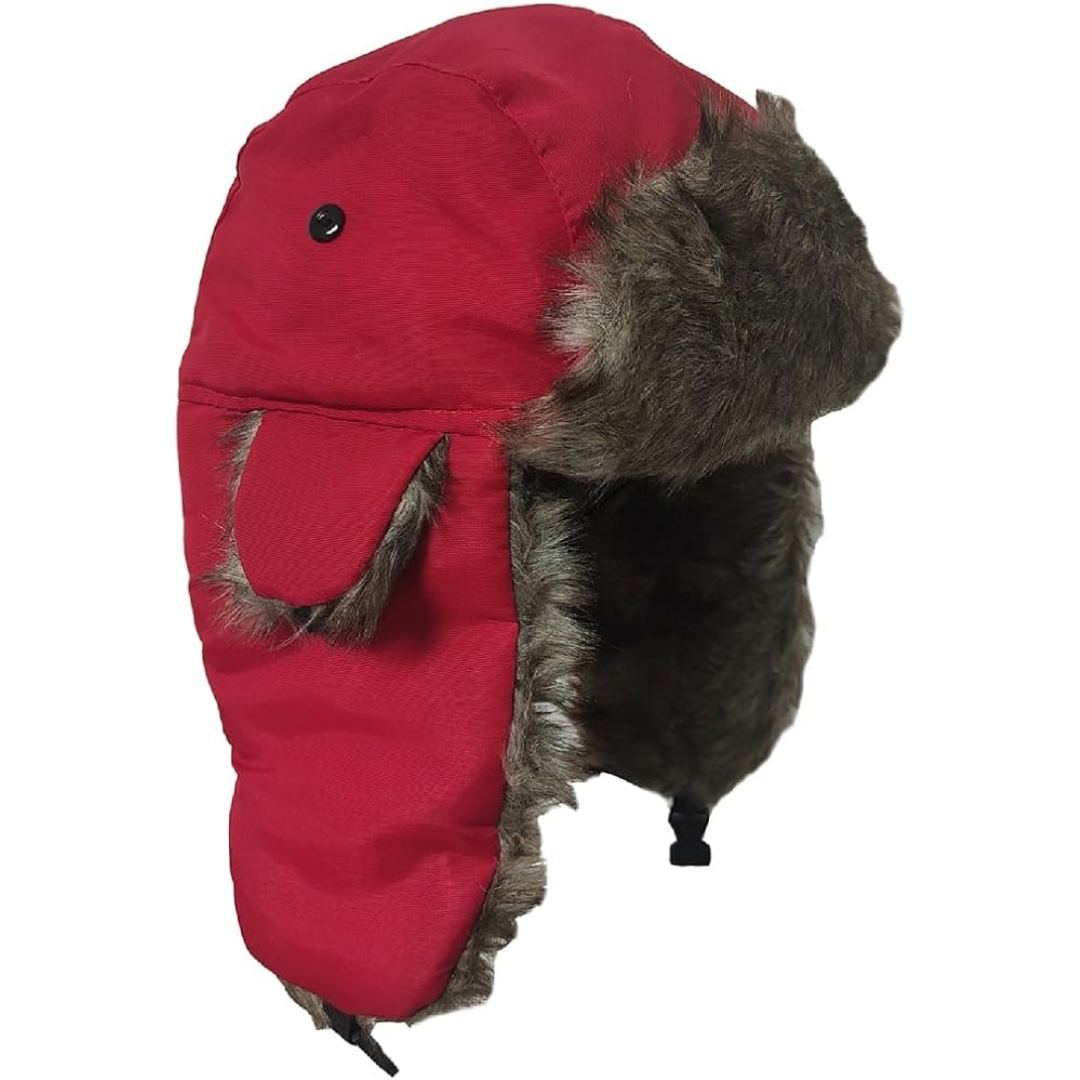 Red winter trapper hat designed for cold weather outdoor activities