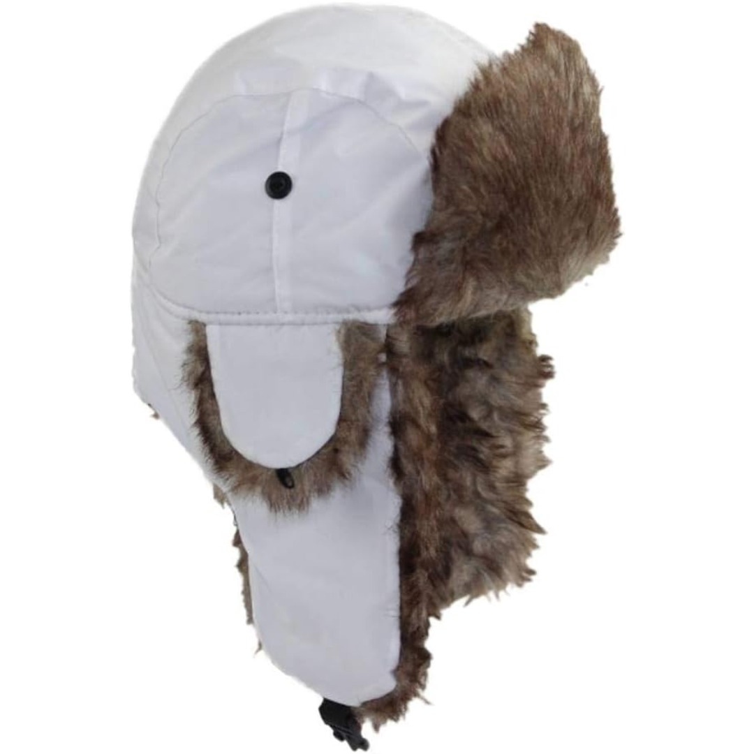 White winter trapper hat featuring protective ear flaps