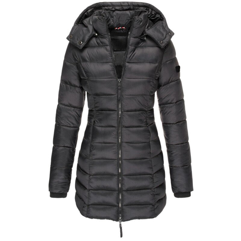 Back view of autumn fashion puffer jacket with quilted down design