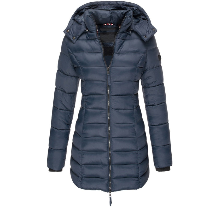 Women's Hooded Winter Puffer Jacket Olivia in Dark Blue viewed from front