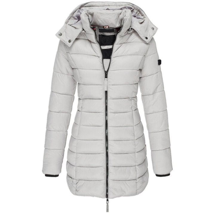 Close-up of zipper and fabric texture on warm women's winter coat