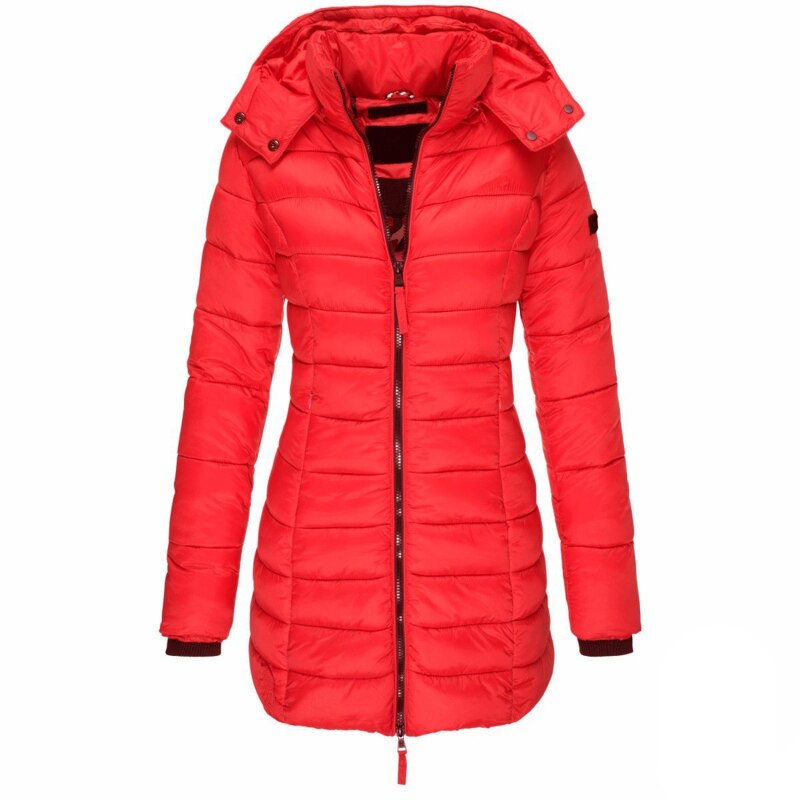 Side view of hooded winter coat Olivia for women showcasing insulation
