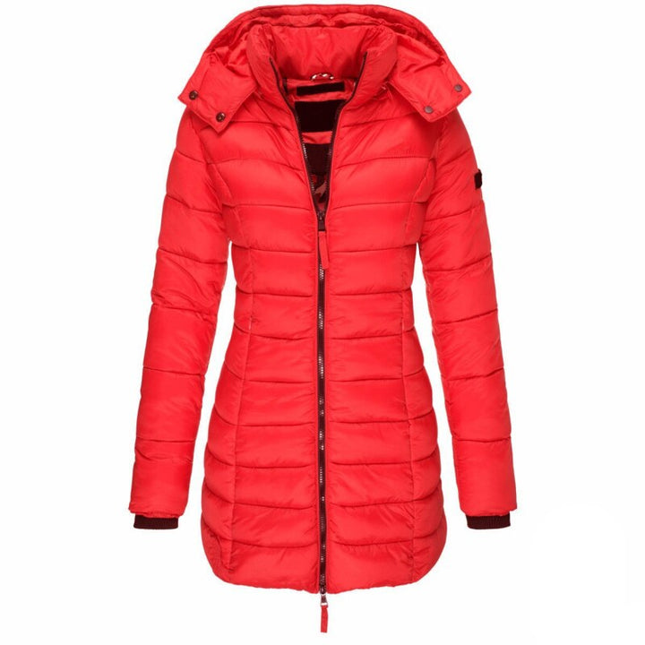 Side view of hooded winter coat Olivia for women showcasing insulation