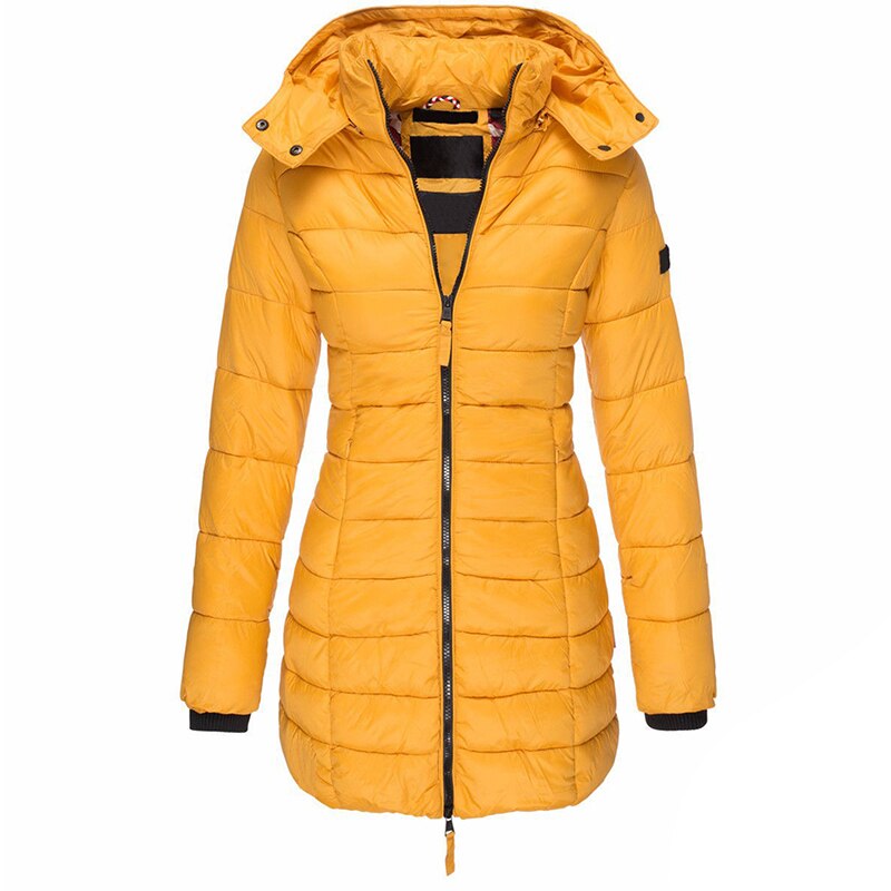 Women's Hooded Winter Puffer Jacket Olivia in Yellow viewed from front