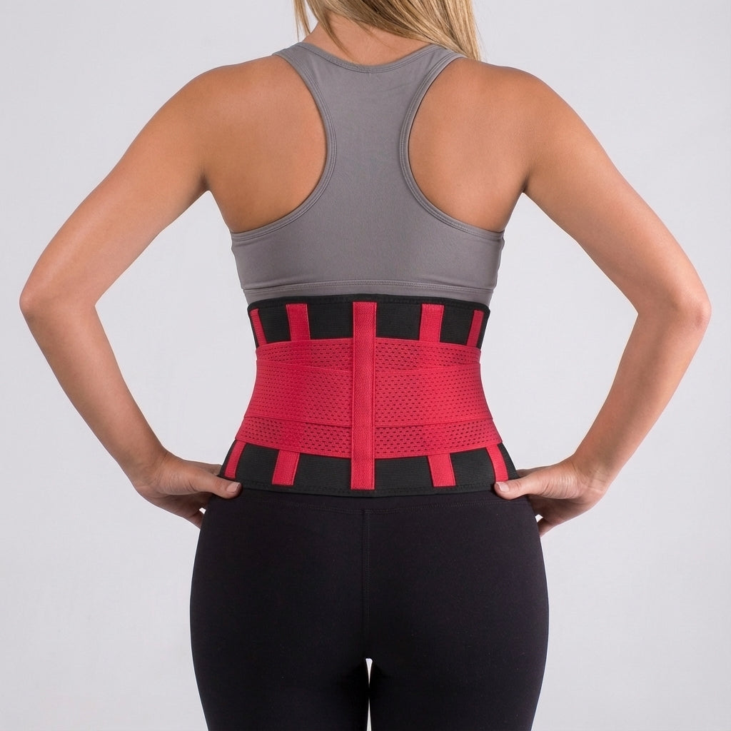 Detailed shot of the velcro fastener and breathable mesh panels on the waist support gear