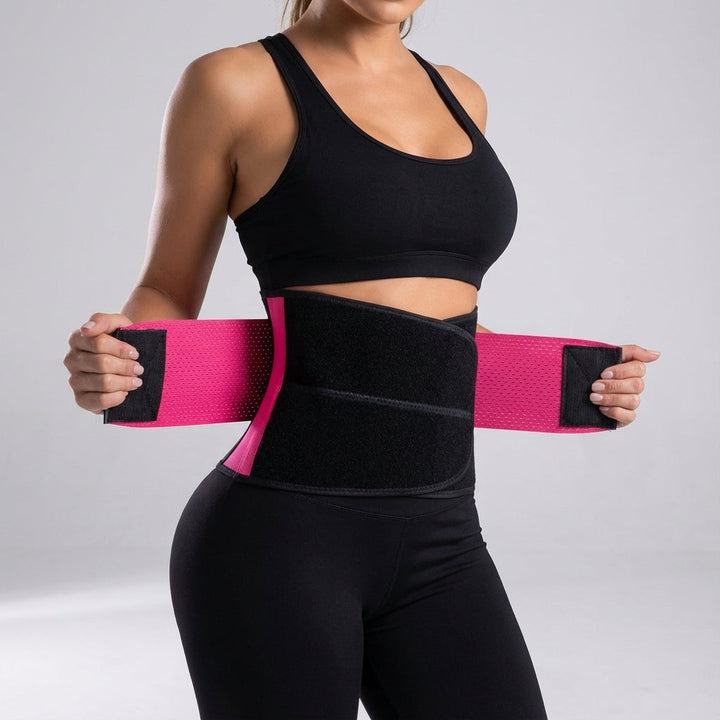 Woman adjusting a vibrant training belt around her waist