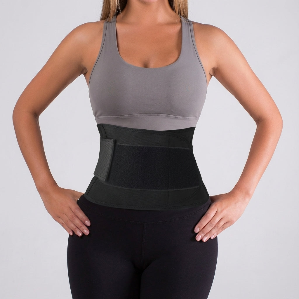 Side view of women's heat-boosting training belt showing adjustable strap and waist support