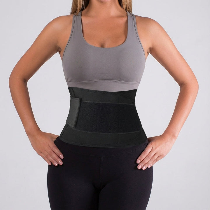 Side view of women's heat-boosting training belt showing adjustable strap and waist support