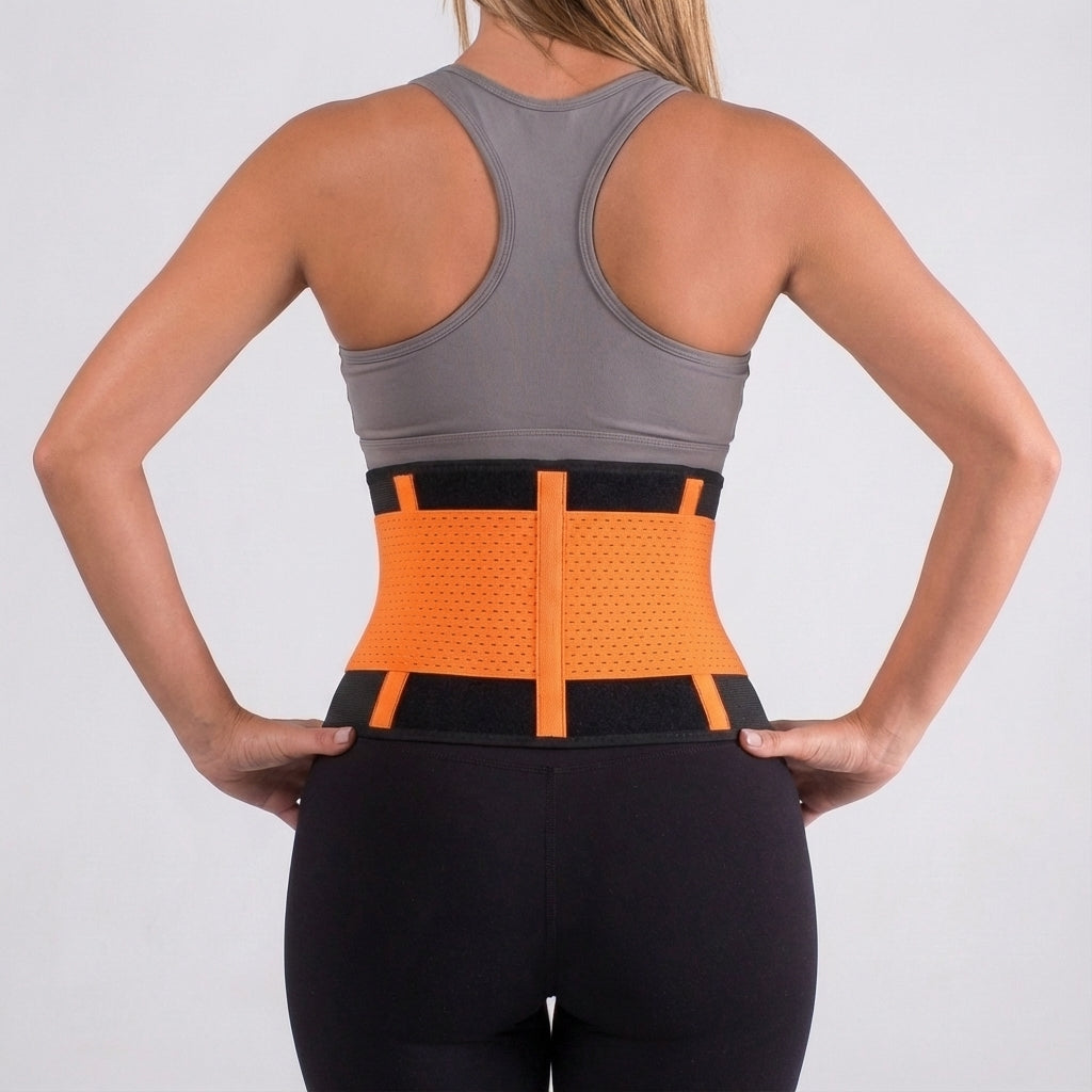 Model wearing the workout belt over athletic wear for enhanced core stability during training