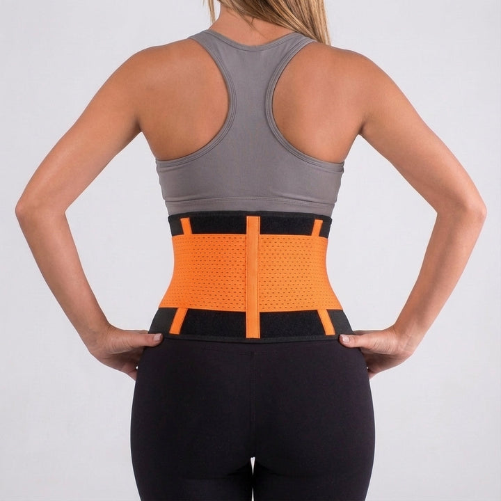 Model wearing the workout belt over athletic wear for enhanced core stability during training