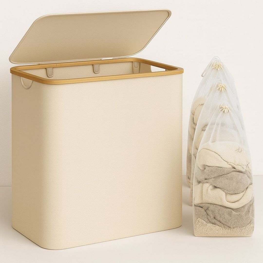 Beige laundry hamper with lid alongside three mesh sorting bags
