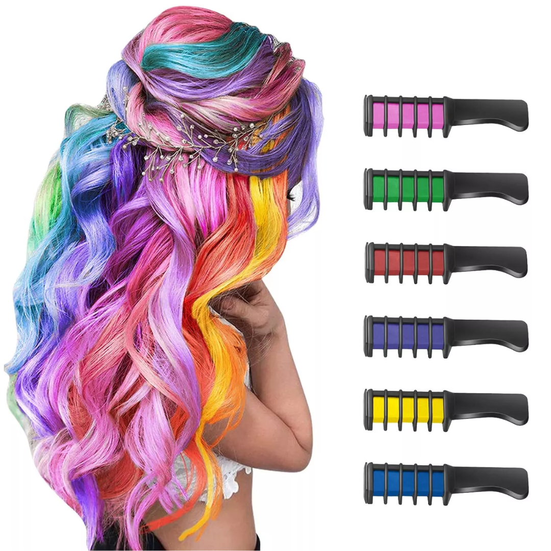 Model showing vibrant rainbow temporary hair color applied with a hair chalk comb next to various color options