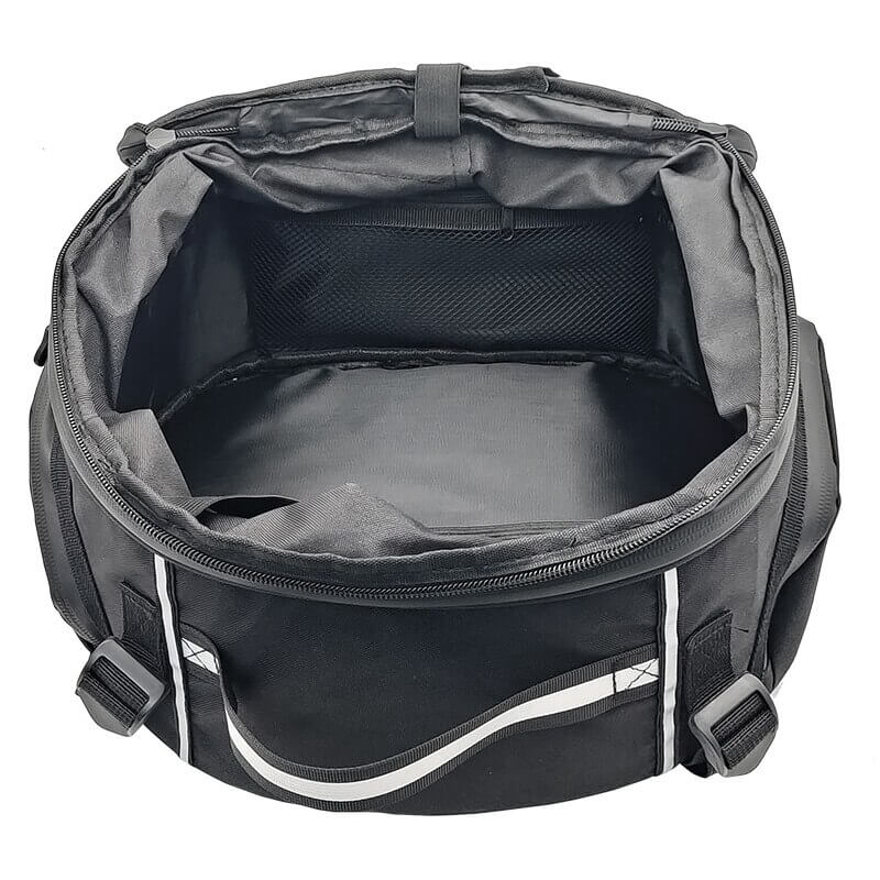 Open main compartment of the motorcycle gear bag showing spacious interior