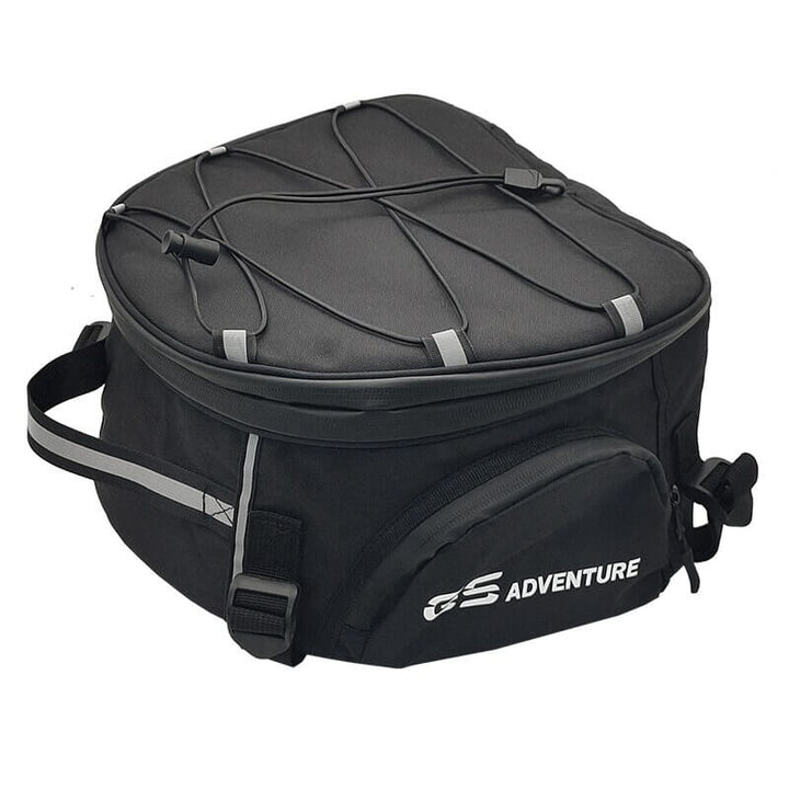 Black water-resistant motorcycle gear bag showing side profile and straps