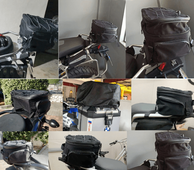 Water-resistant motorcycle gear bag detail showing heavy-duty zipper and pull