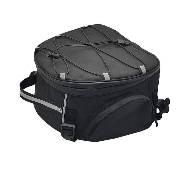 Water-resistant motorcycle gear bag in black with elastic top netting