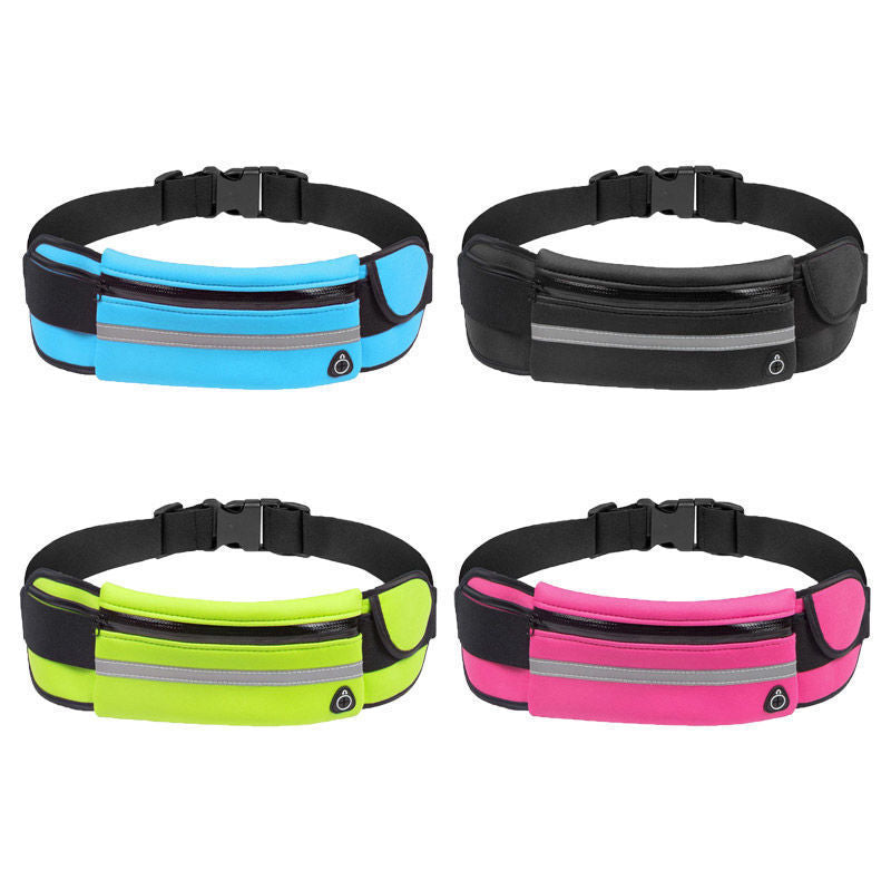 Four different colored running waist belts in black, blue, green, and pink