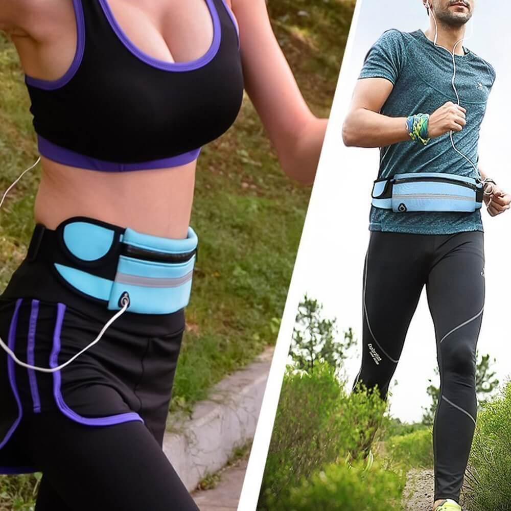 Man and woman wearing light blue running waist belts outdoors during exercise