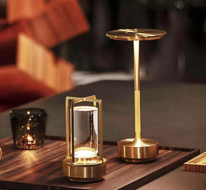 Portable ambient lighting crystal table lamp on a wooden table