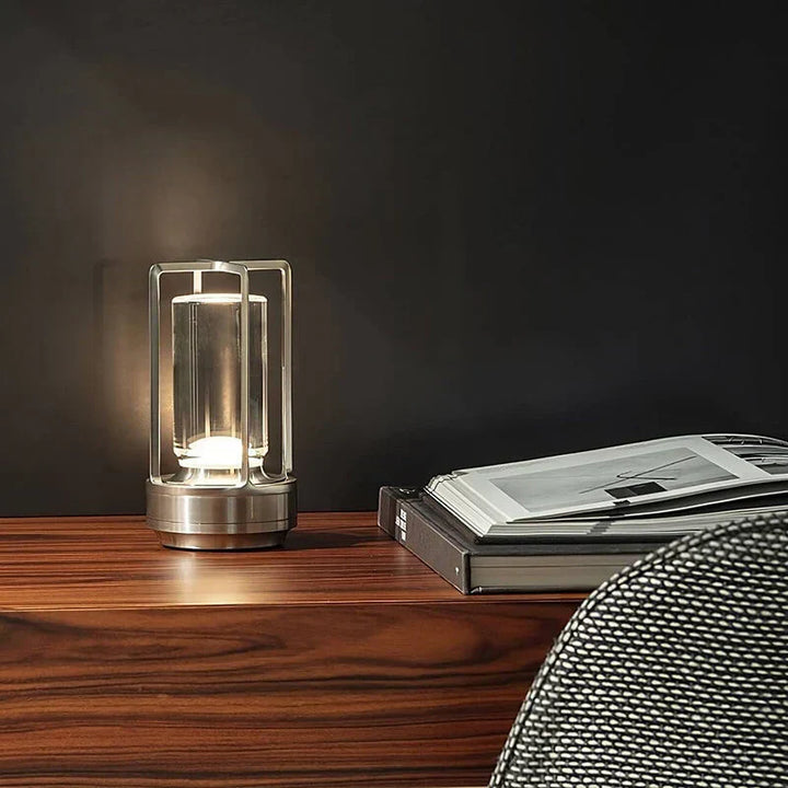 Rechargeable cordless lamp illuminating a modern dining setting