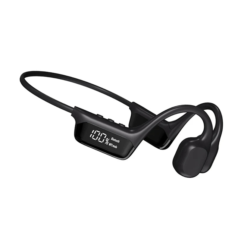 Black waterproof bone conduction swimming headphones with digital LED display showing battery percentage