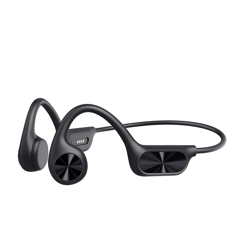 Side view of black open-ear swimming headphones showing charging contacts and ergonomic frame
