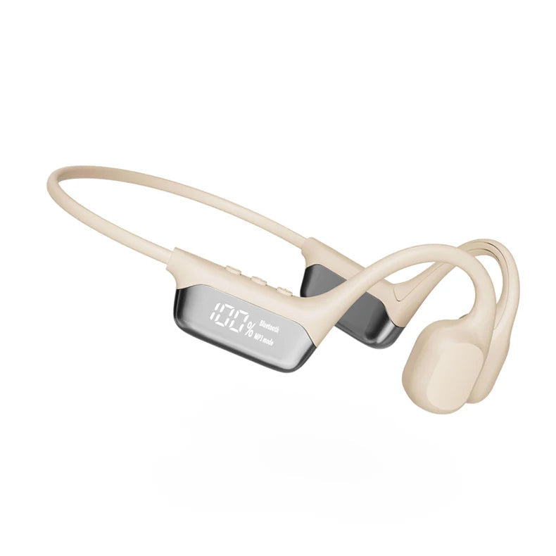 White waterproof bone conduction headphones with smart display and secure wrap-around band
