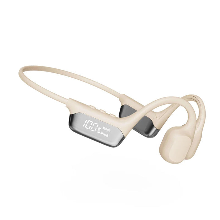 White waterproof bone conduction headphones with smart display and secure wrap-around band