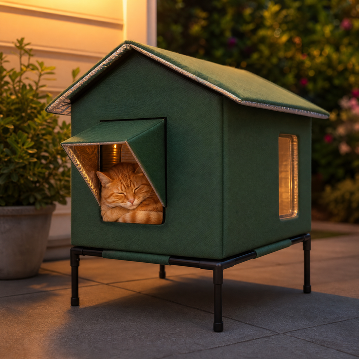 Ginger cat sleeping inside a Forest Green waterproof outdoor cat house with thermal lining