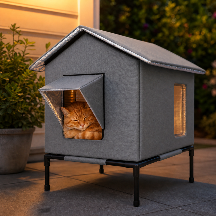 Ginger cat resting inside a Dark Gray waterproof outdoor cat house with elevated frame