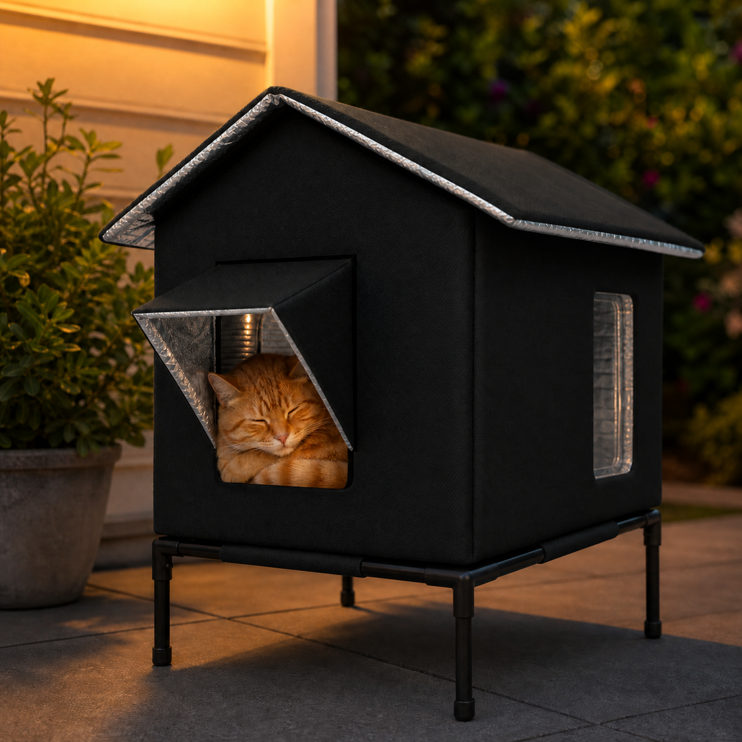 Ginger cat cozying up inside a Black waterproof outdoor cat house in an outdoor setting
