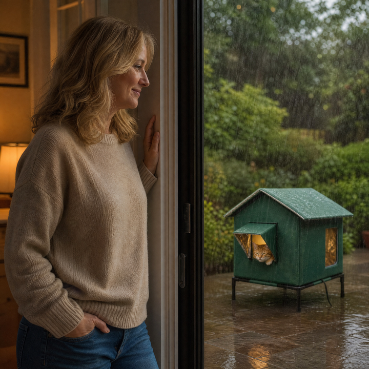 Sturdy waterproof cat house showing the protective roof and entrance flap