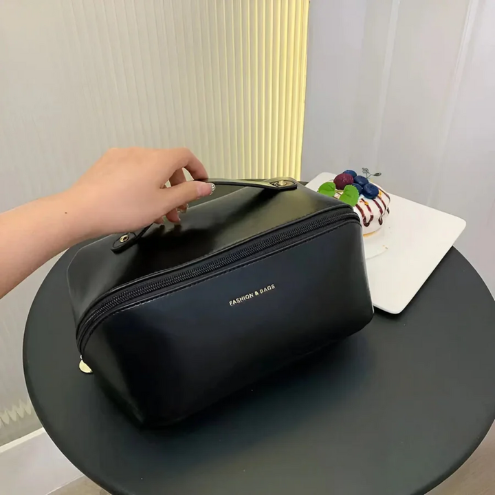 Hanging waterproof makeup bag for travel, showcasing durable hook and large storage capacity.
