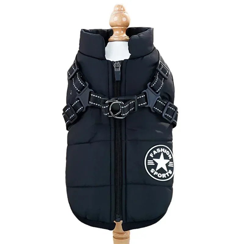 Black waterproof dog coat with integrated reflective harness displayed on a mannequin