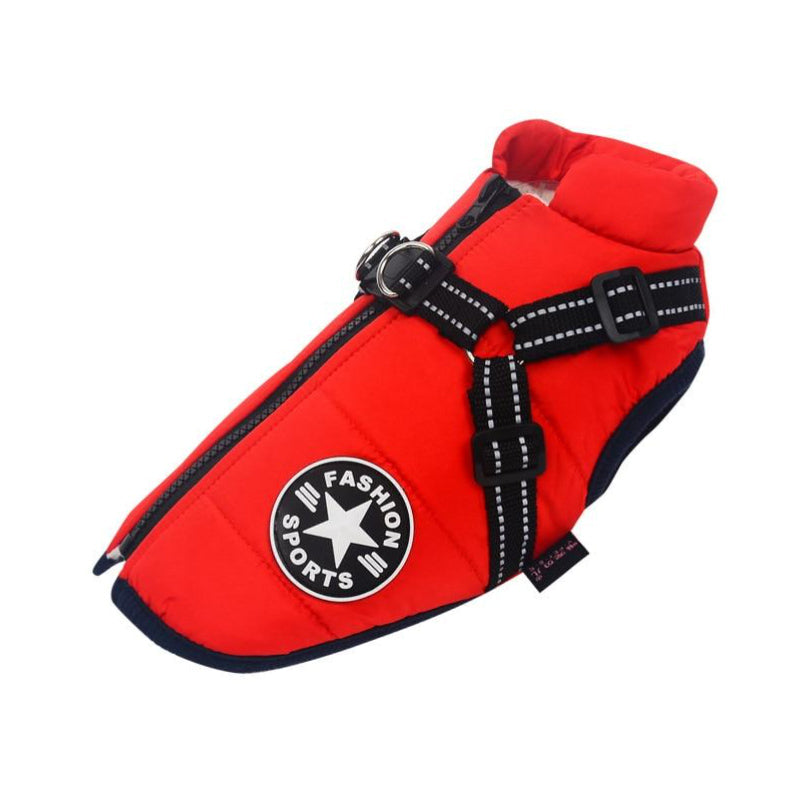 Red waterproof dog jacket with built-in reflective harness and side patch