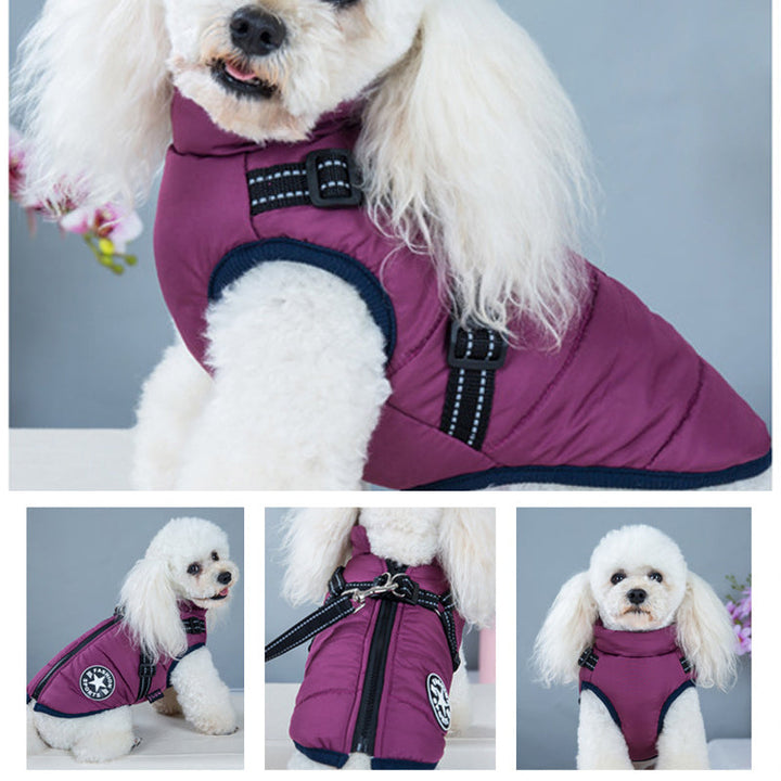 Back view of dog harness jacket highlighting easy leash attachment