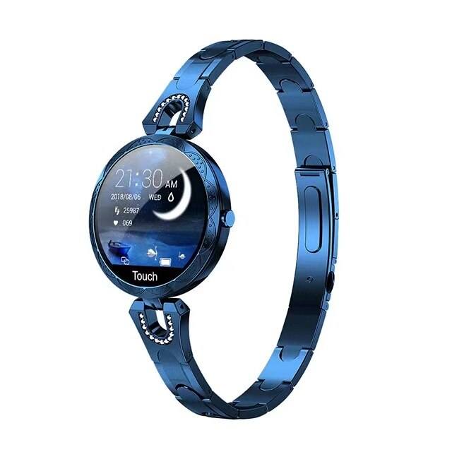 Blue women's waterproof fitness smartwatch with metallic linked band