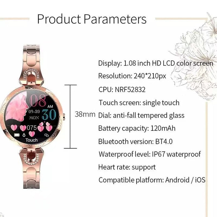 Womens waterproof fitness smartwatch tracking health metrics on screen