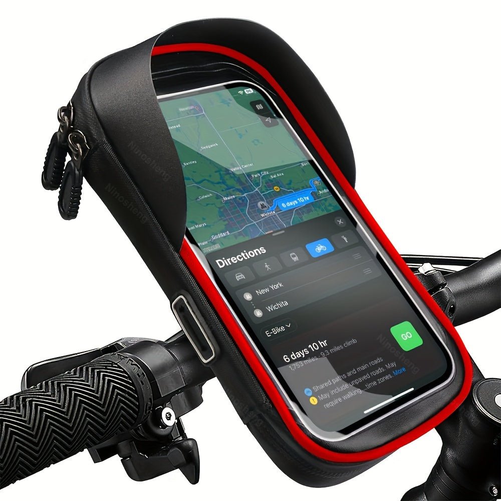 Waterproof motorcycle phone mount with red trim mounted on bicycle handlebars