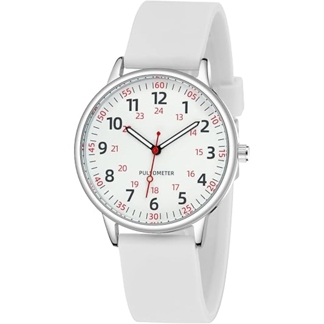 White waterproof nurses watch dial close up