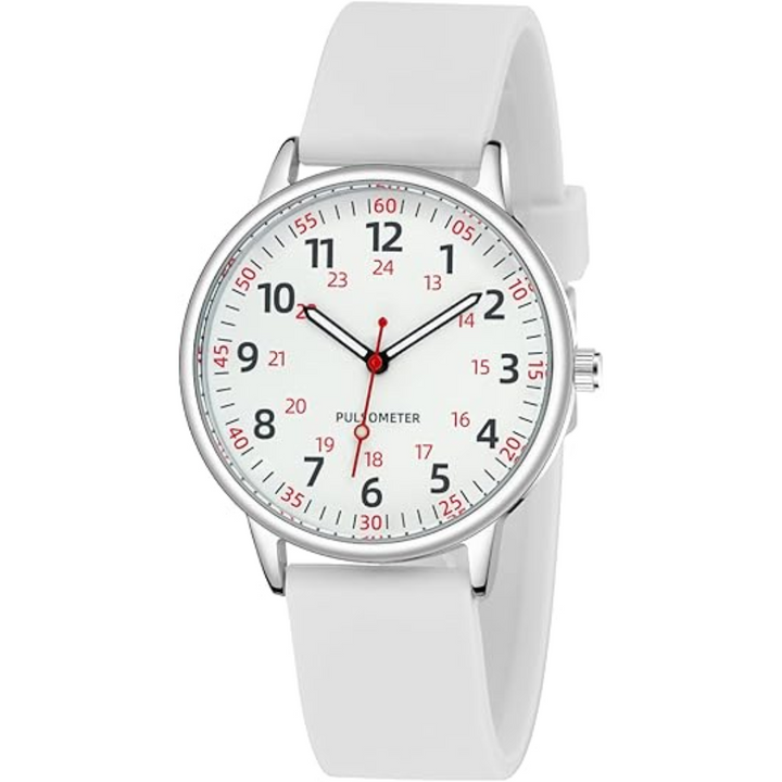 White waterproof nurses watch dial close up