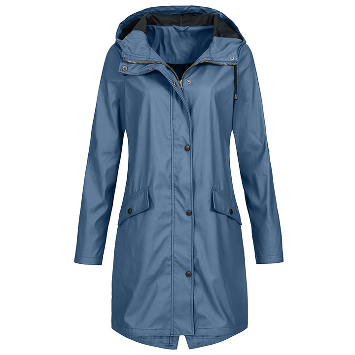 Women's blue hooded raincoat detail view