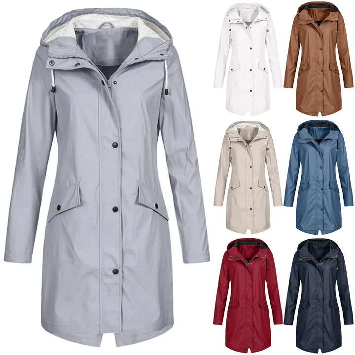 Model wearing womens outerwear raincoat styled with casual outfit