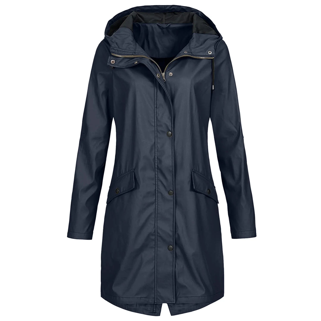 Women's waterproof navy blue hooded raincoat front view