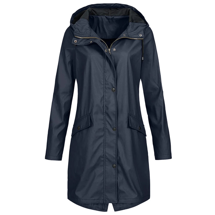 Women's waterproof navy blue hooded raincoat front view