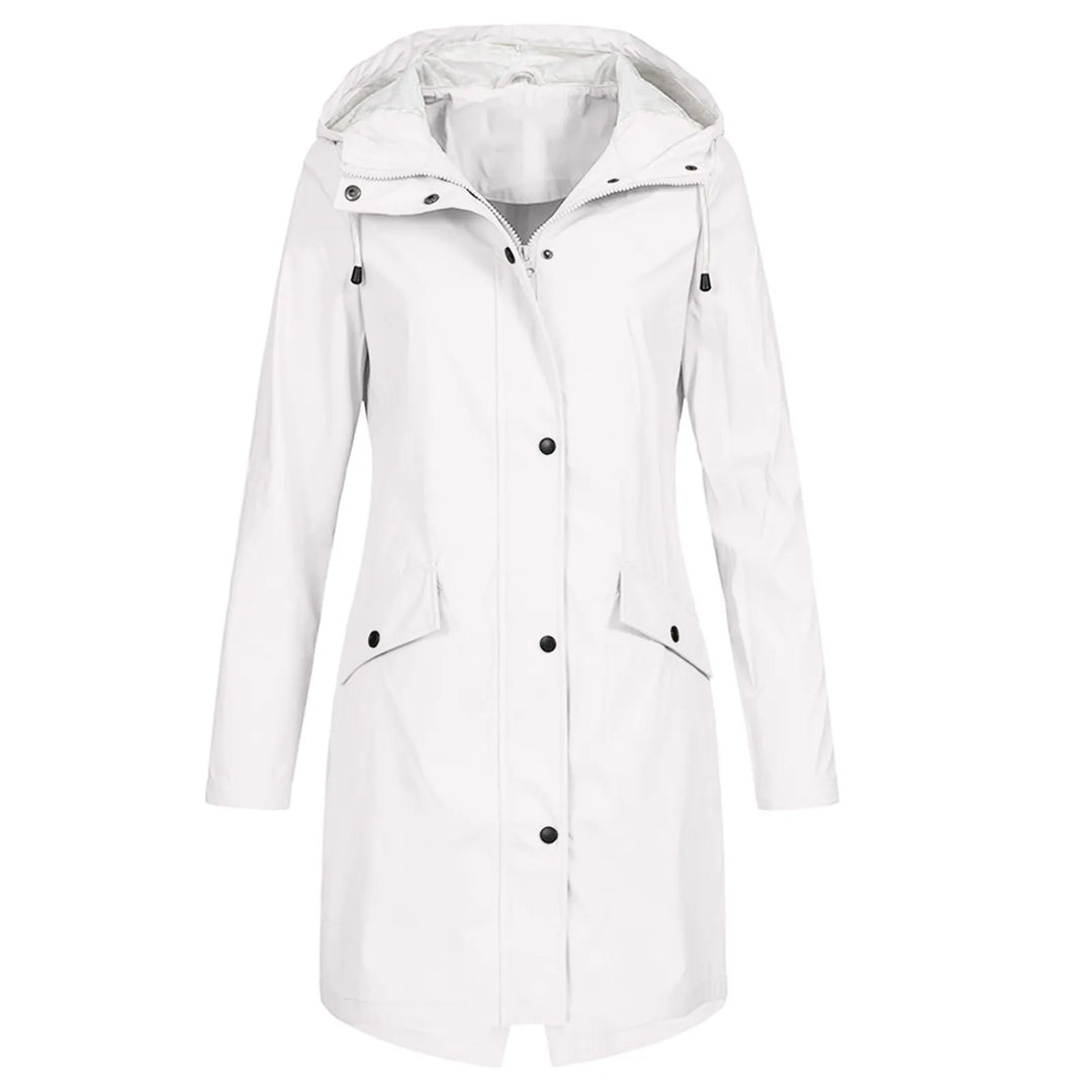 Women's white waterproof hooded raincoat display